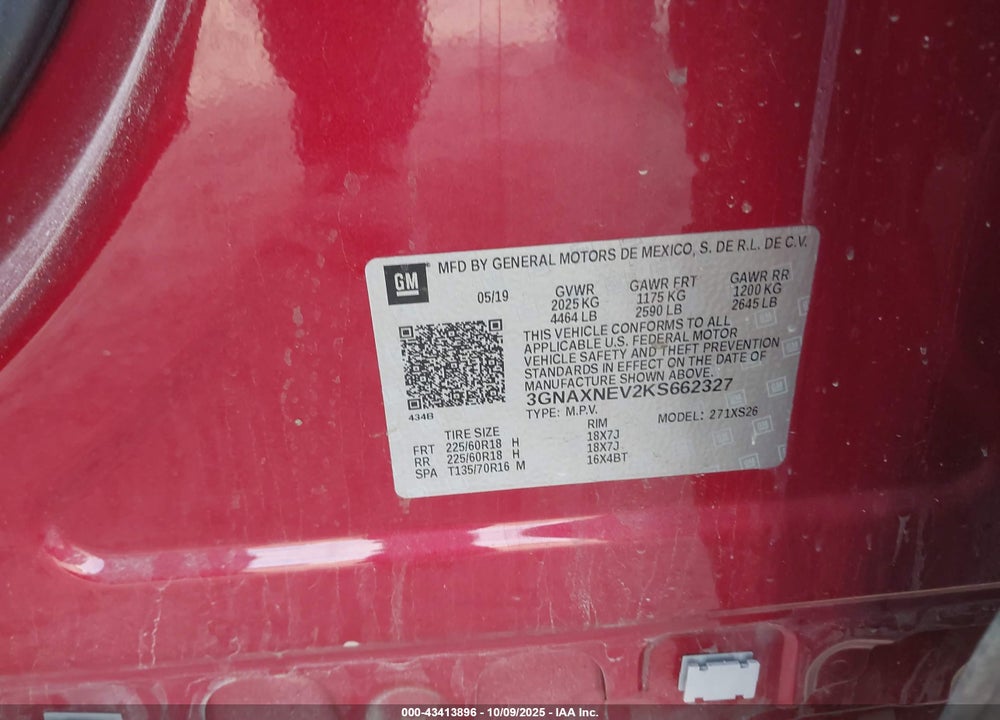 2019 CHEVROLET EQUINOX PREMIER VIN: 3GNAXNEV2KS662327