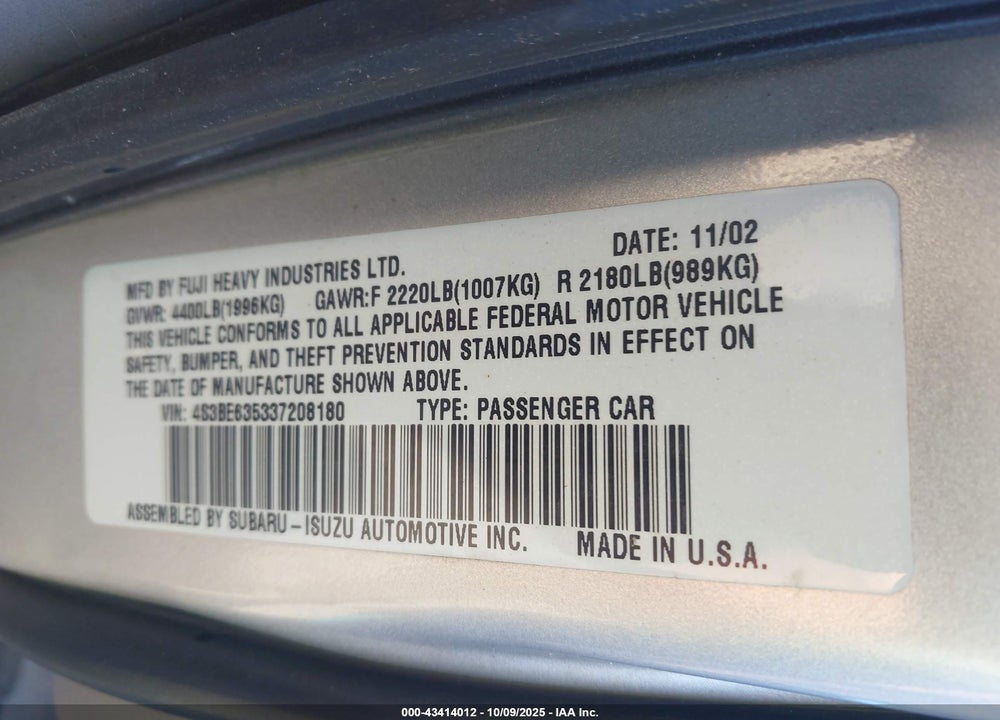 2003 SUBARU LEGACY L/L W/SPECIAL EDITION PACKAGE VIN: 4S3BE635337208180