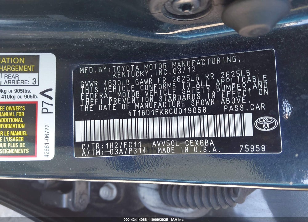 2012 TOYOTA CAMRY HYBRID XLE VIN: 4T1BD1FK8CU019058