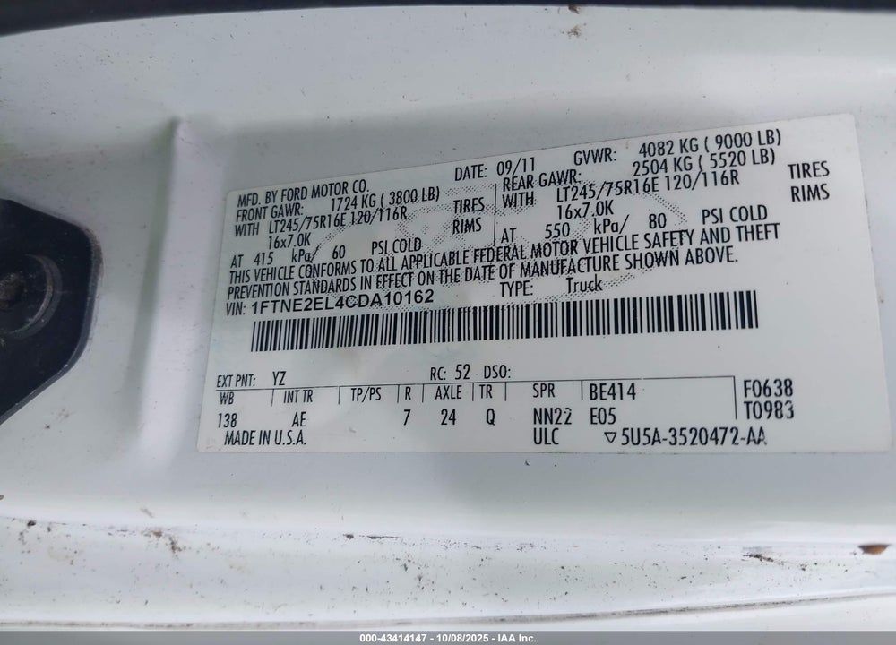 2012 FORD E-250 COMMERCIAL VIN: 1FTNE2EL4CDA10162