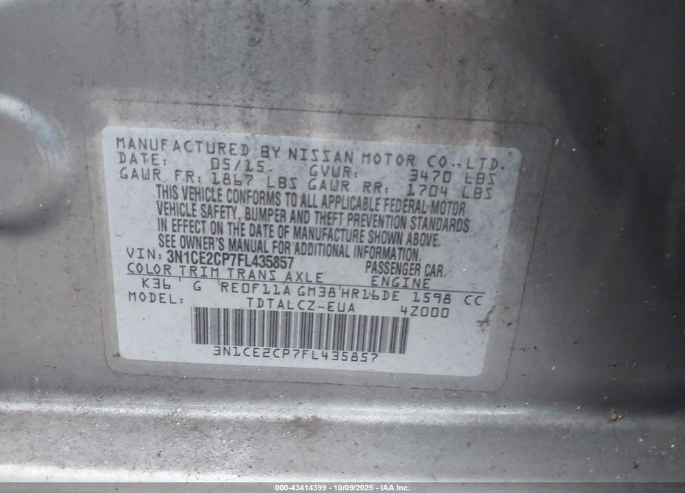 2015 NISSAN VERSA NOTE VIN: 3N1CE2CP7FL435857