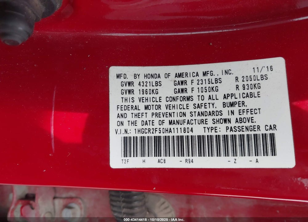 2017 HONDA ACCORD SPORT VIN: 1HGCR2F50HA111804