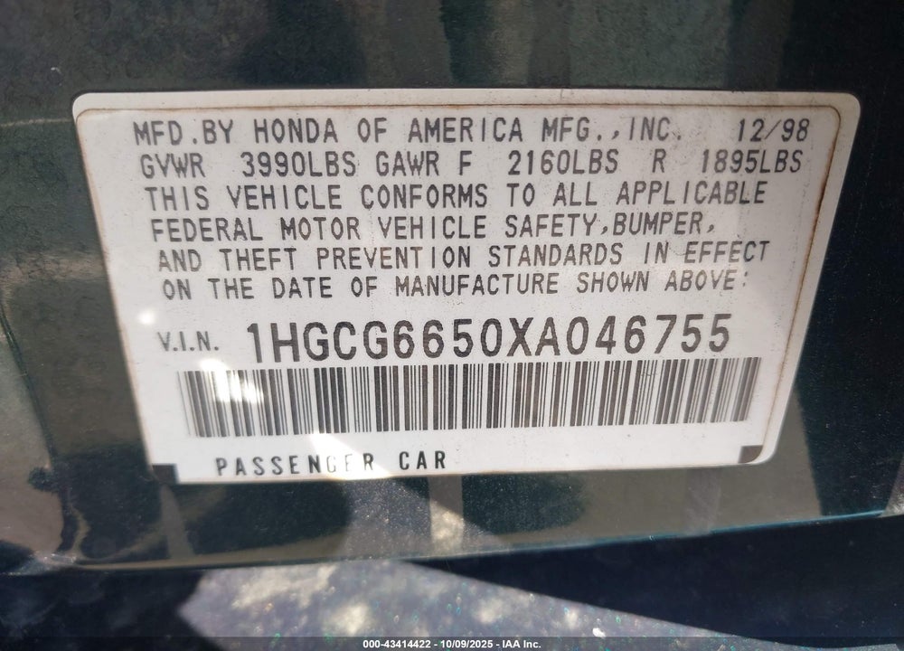 1999 HONDA ACCORD LX VIN: 1HGCG6650XA046755