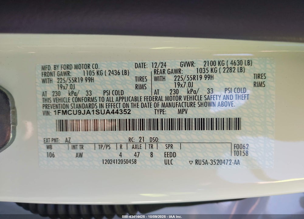 2025 FORD ESCAPE PLATINUM VIN: 1FMCU9JA1SUA44352