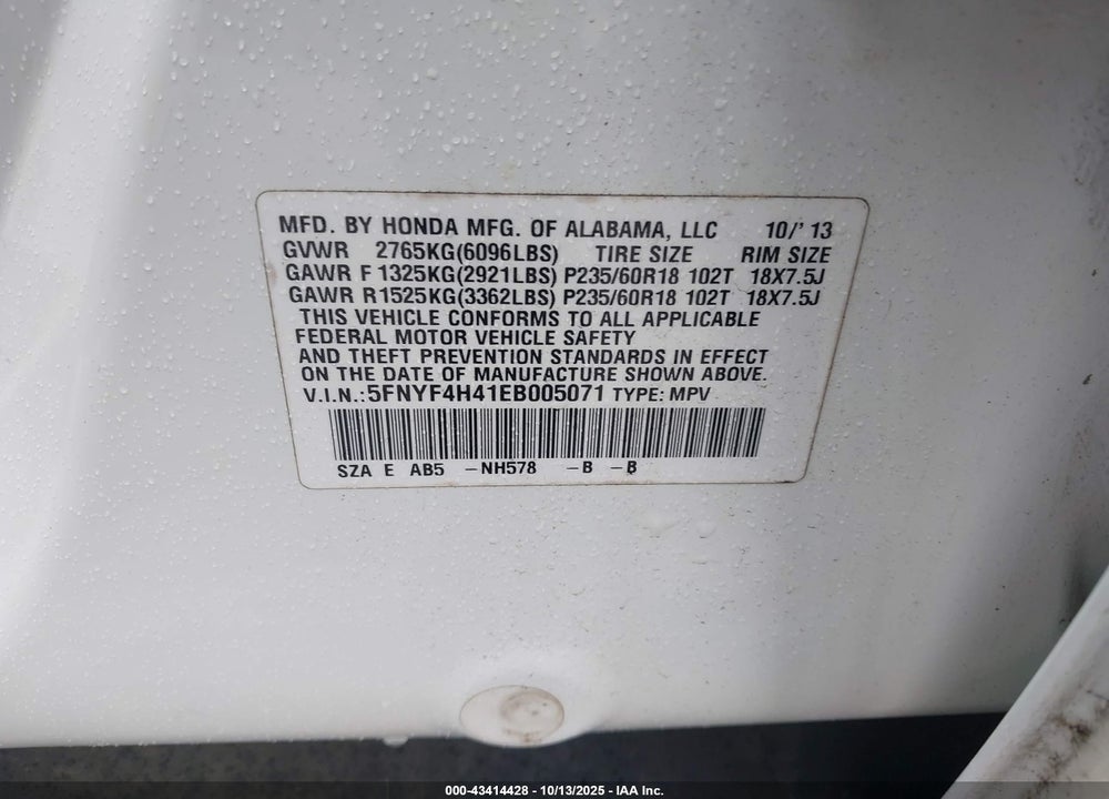 2014 HONDA PILOT VIN: 5FNYF4H41EB005071