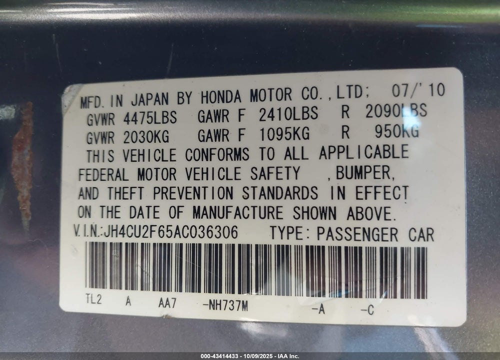 2010 ACURA TSX 2.4 VIN: JH4CU2F65AC036306