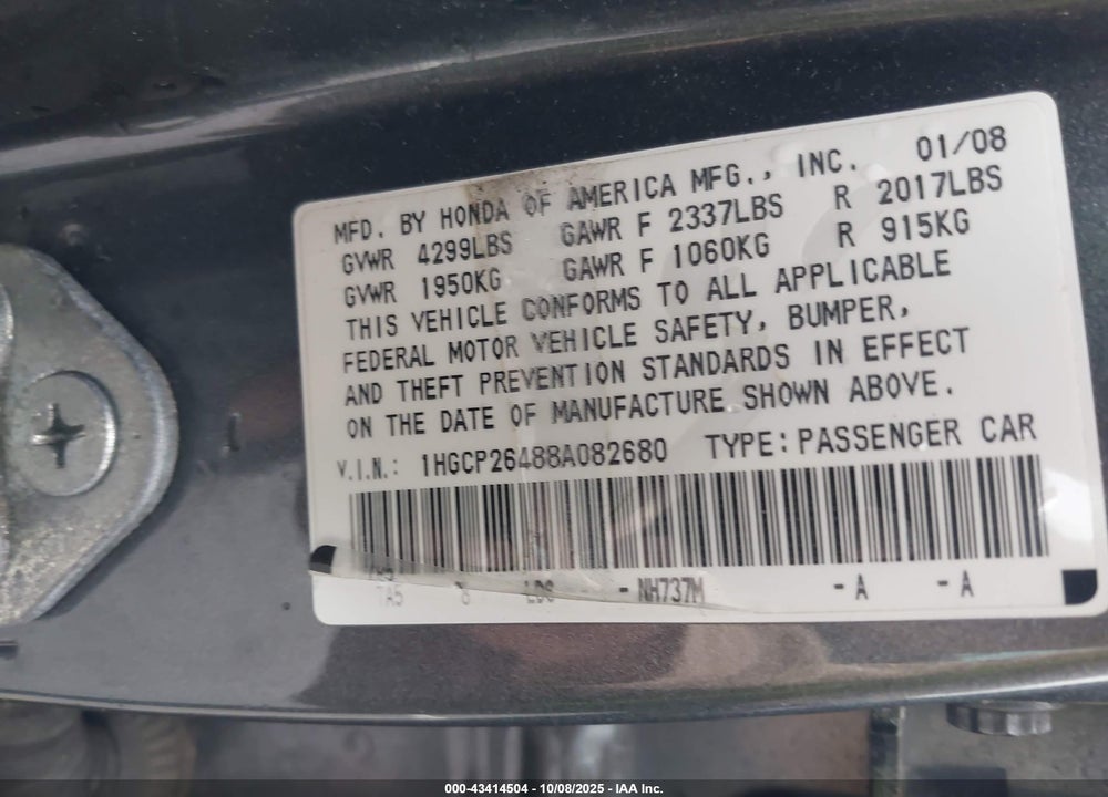 2008 HONDA ACCORD 2.4 LX-P VIN: 1HGCP26488A082680