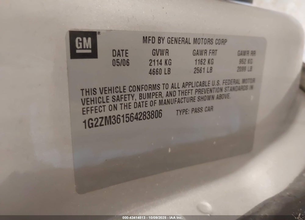 2006 PONTIAC G6 VIN: 1G2ZM361564283806