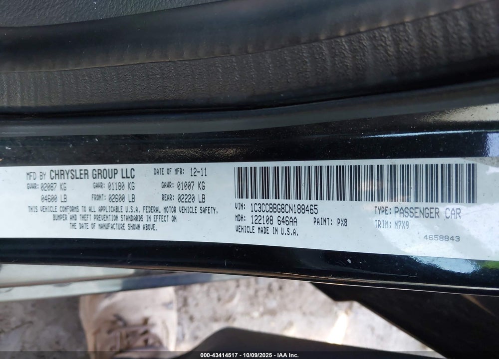 2012 CHRYSLER 200 VIN: 1C3CCBBG8CN188465