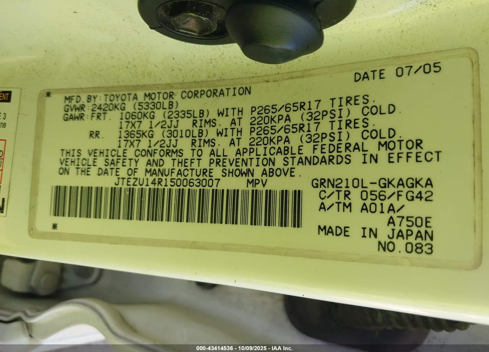 2005 TOYOTA 4RUNNER SR5 V6 VIN: JTEZU14R150063007