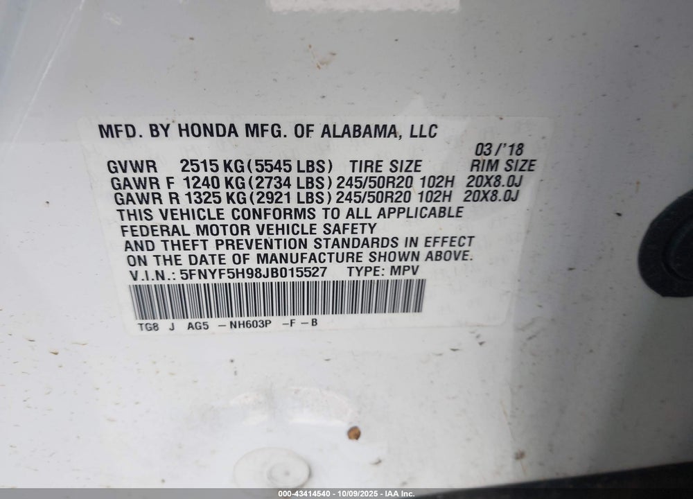2018 HONDA PILOT VIN: 5FNYF5H98JB015527