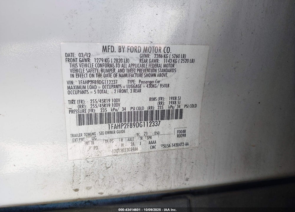 2013 FORD TAURUS VIN: 1FAHP2F89DG112337