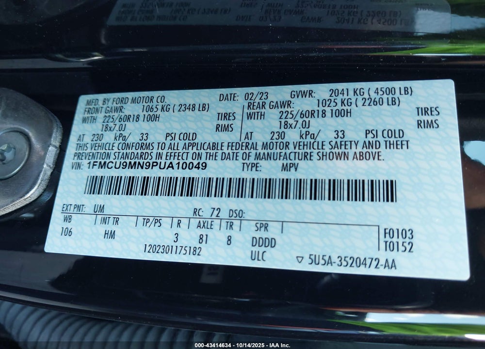 2023 FORD ESCAPE ST LINE VIN: 1FMCU9MN9PUA10049