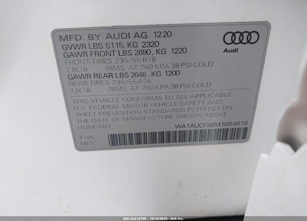 2021 AUDI Q3 PREMIUM 40 TFSI QUATTRO TIPTRONIC VIN: WA1AUCF38M1064616