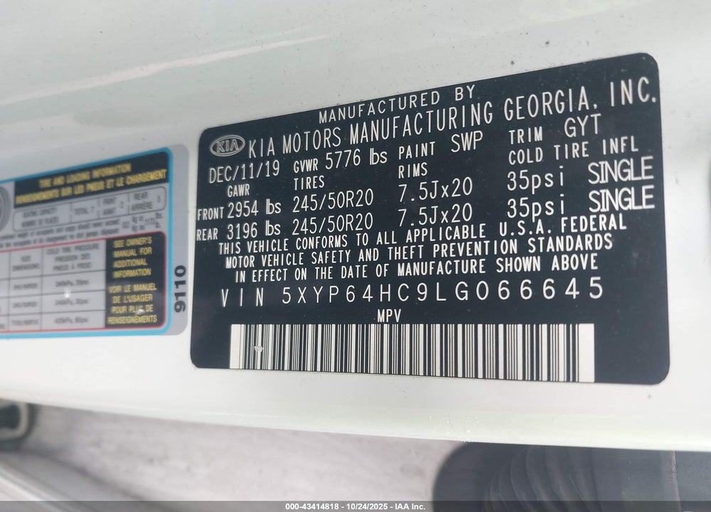2020 KIA TELLURIDE S VIN: 5XYP64HC9LG066645