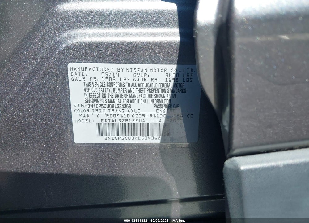 2019 NISSAN KICKS S VIN: 3N1CP5CU0KL534368