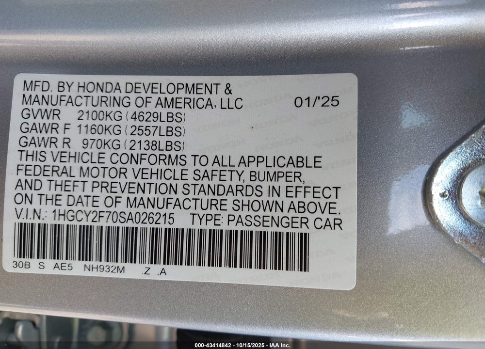 2025 HONDA ACCORD HYBRID SPORT-L VIN: 1HGCY2F70SA026215