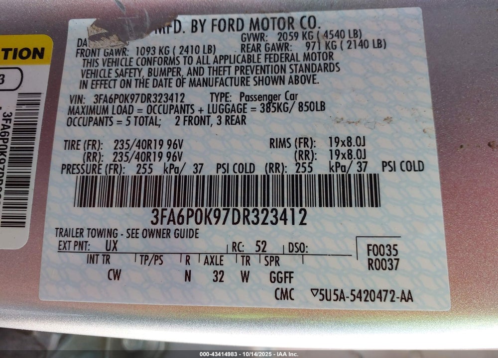2013 FORD FUSION VIN: 3FA6P0K97DR323412