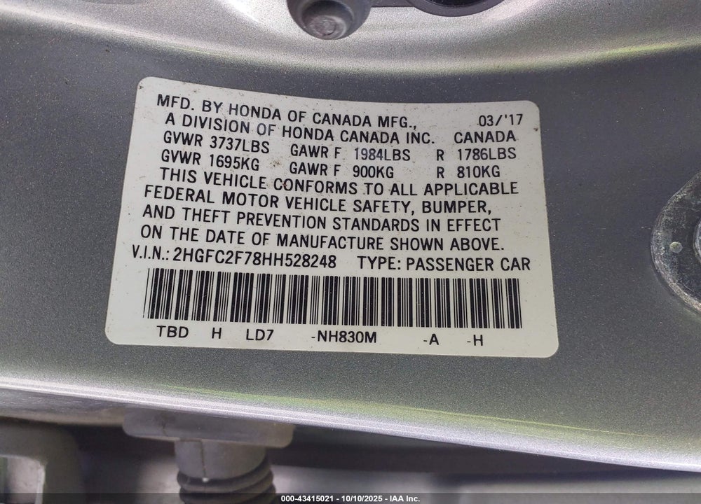 2017 HONDA CIVIC VIN: 2HGFC2F78HH528248