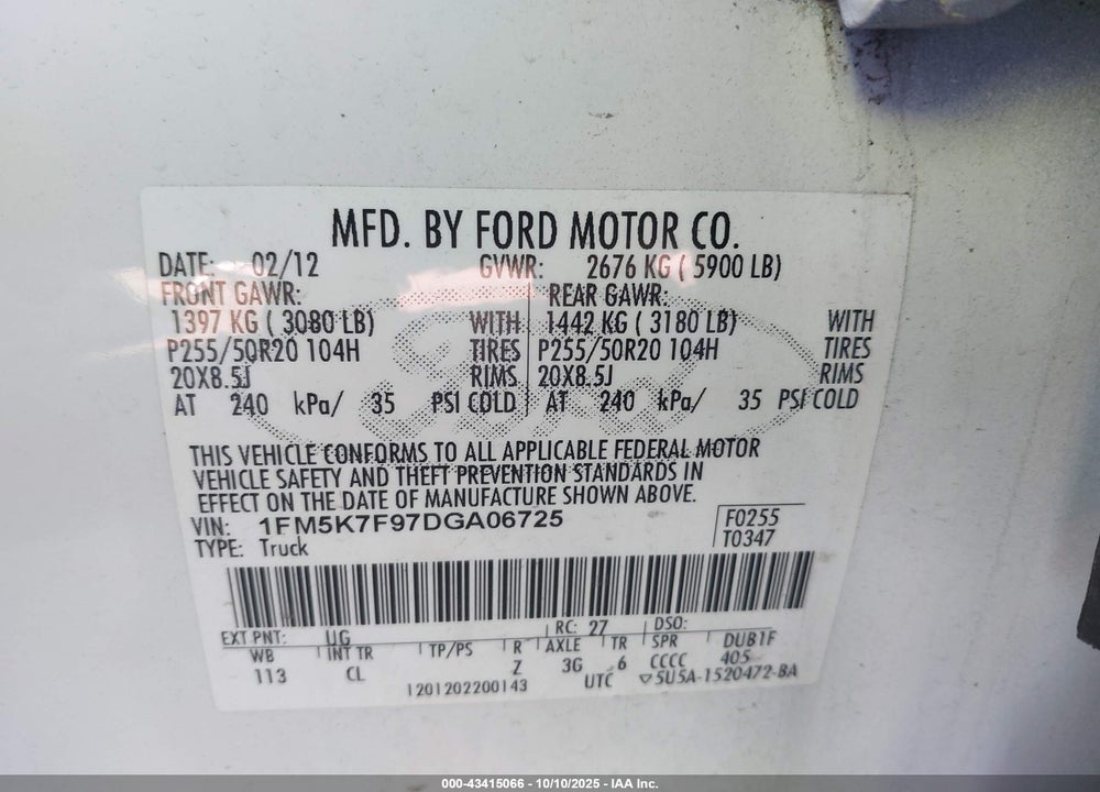 2013 FORD EXPLORER VIN: 1FM5K7F97DGA06725
