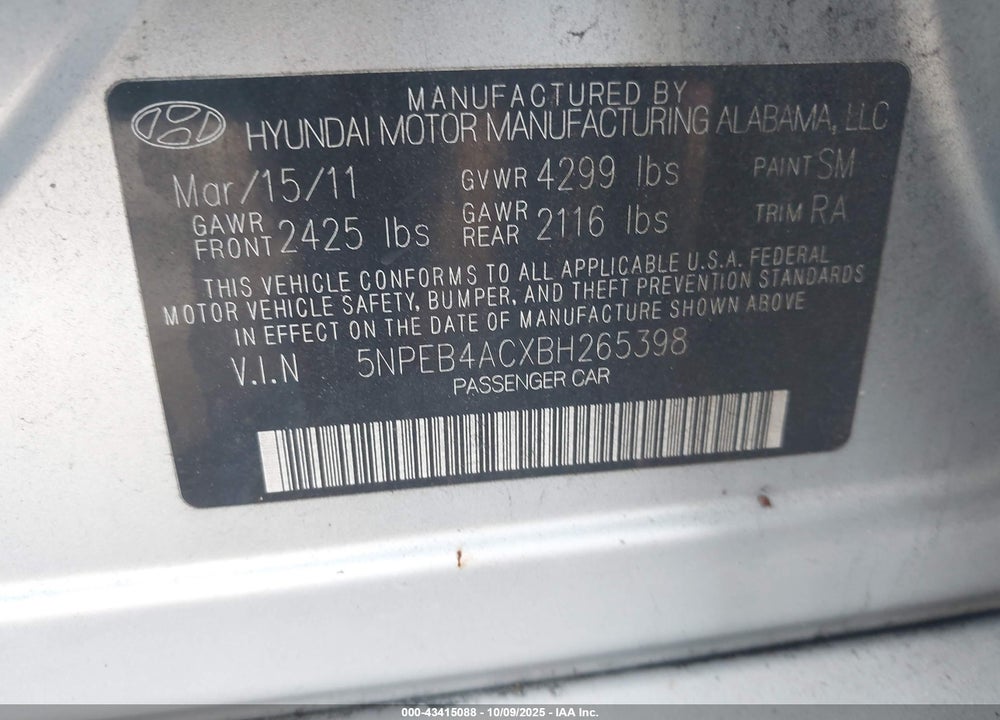 2011 HYUNDAI SONATA VIN: 5NPEB4ACXBH265398