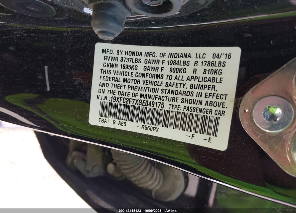 2016 HONDA CIVIC EX VIN: 19XFC2F7XGE049175