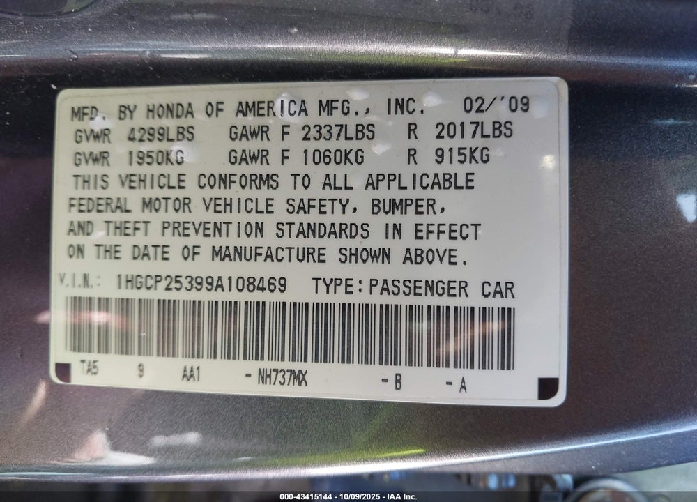 2009 HONDA ACCORD VIN: 1HGCP25399A108469