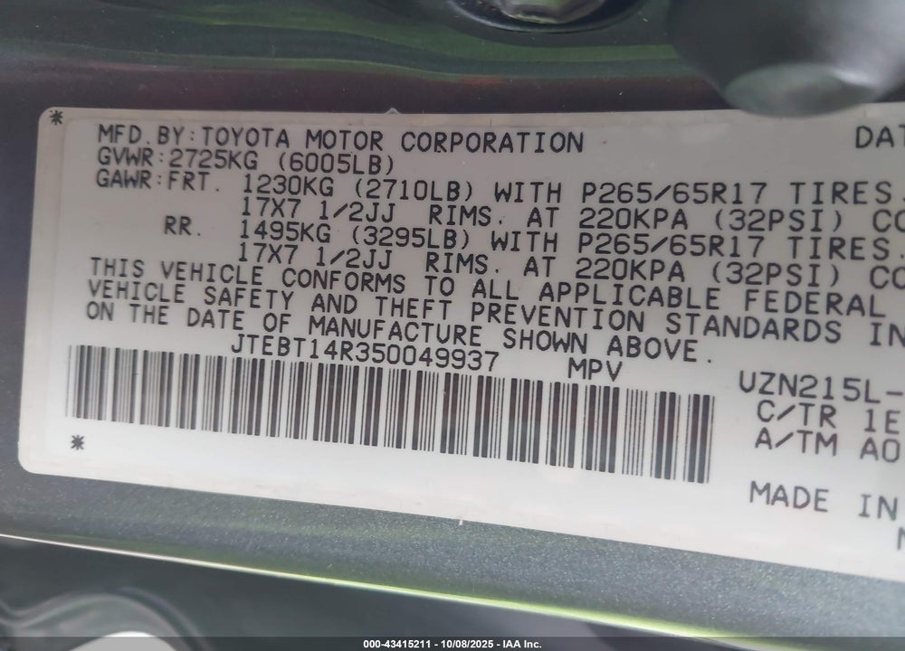 2005 TOYOTA 4RUNNER SR5 V8 VIN: JTEBT14R350049937