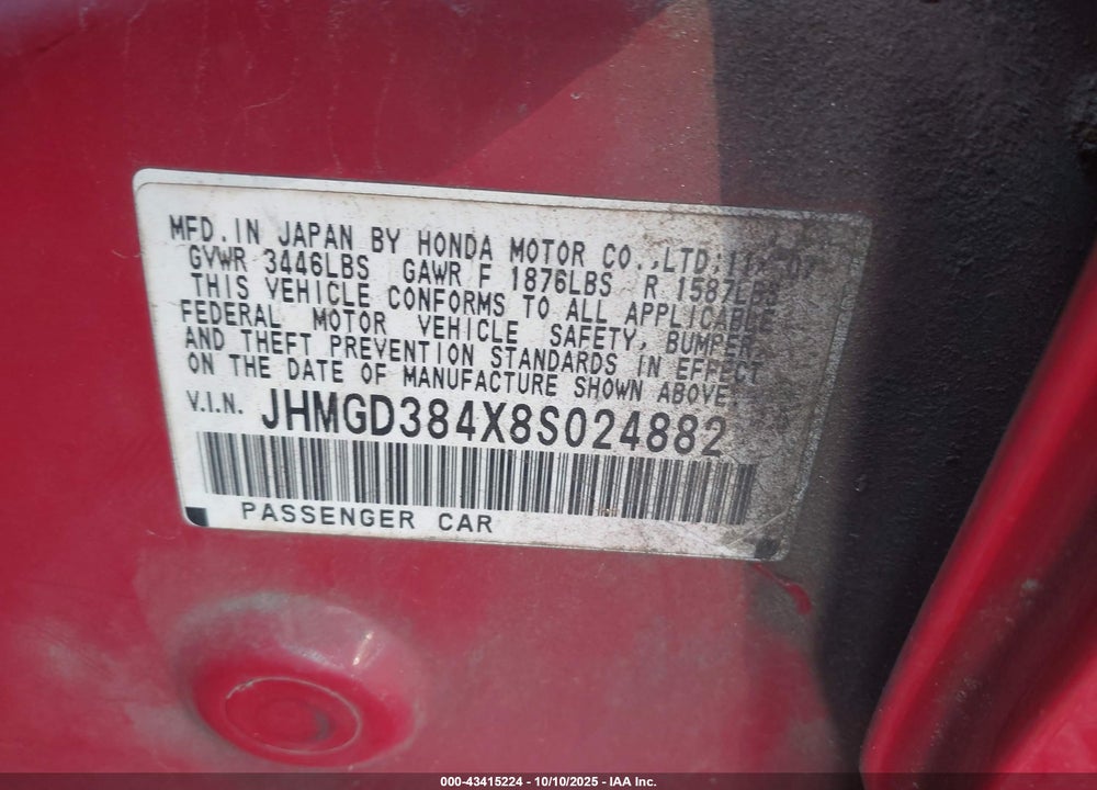 2008 HONDA FIT VIN: JHMGD384X8S024882