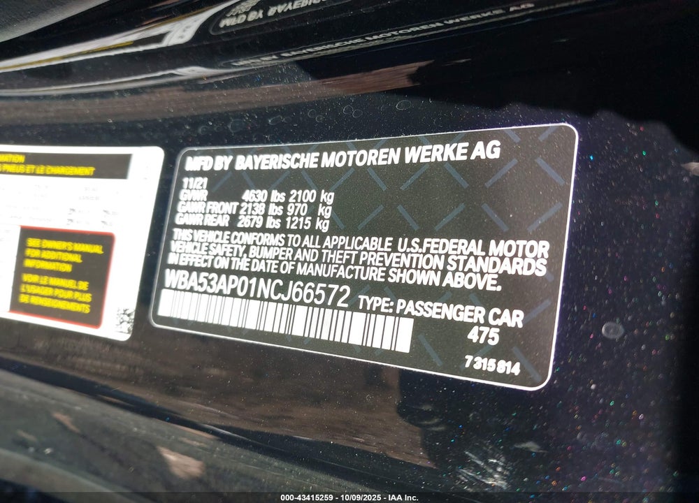 2022 BMW 4 SERIES VIN: WBA53AP01NCJ66572