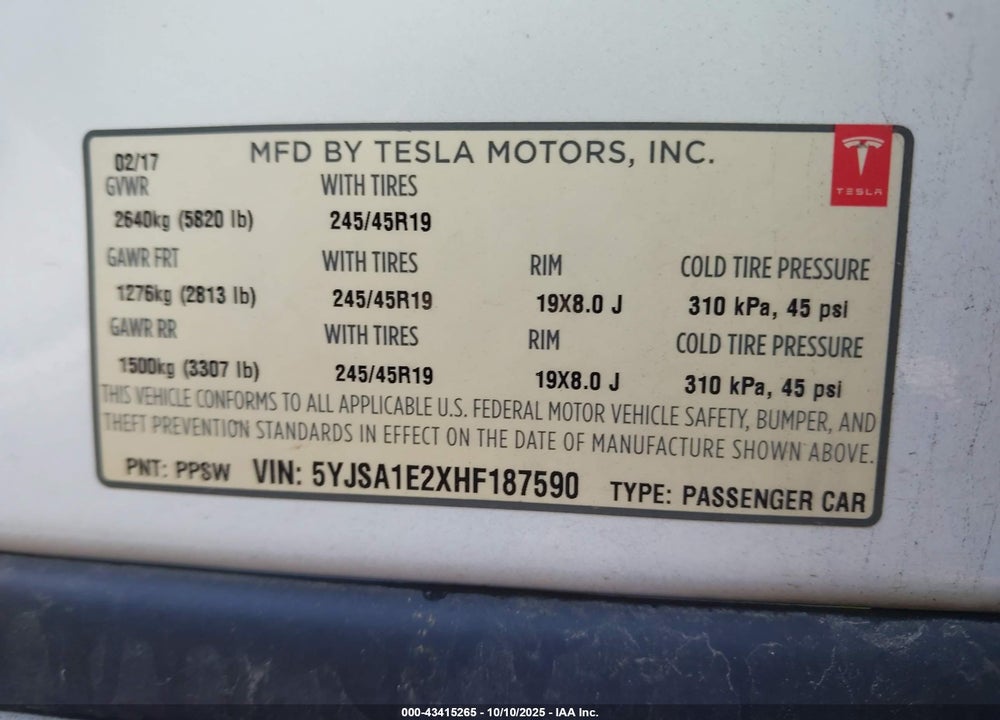 2017 TESLA MODEL S VIN: 5YJSA1E2XHF187590