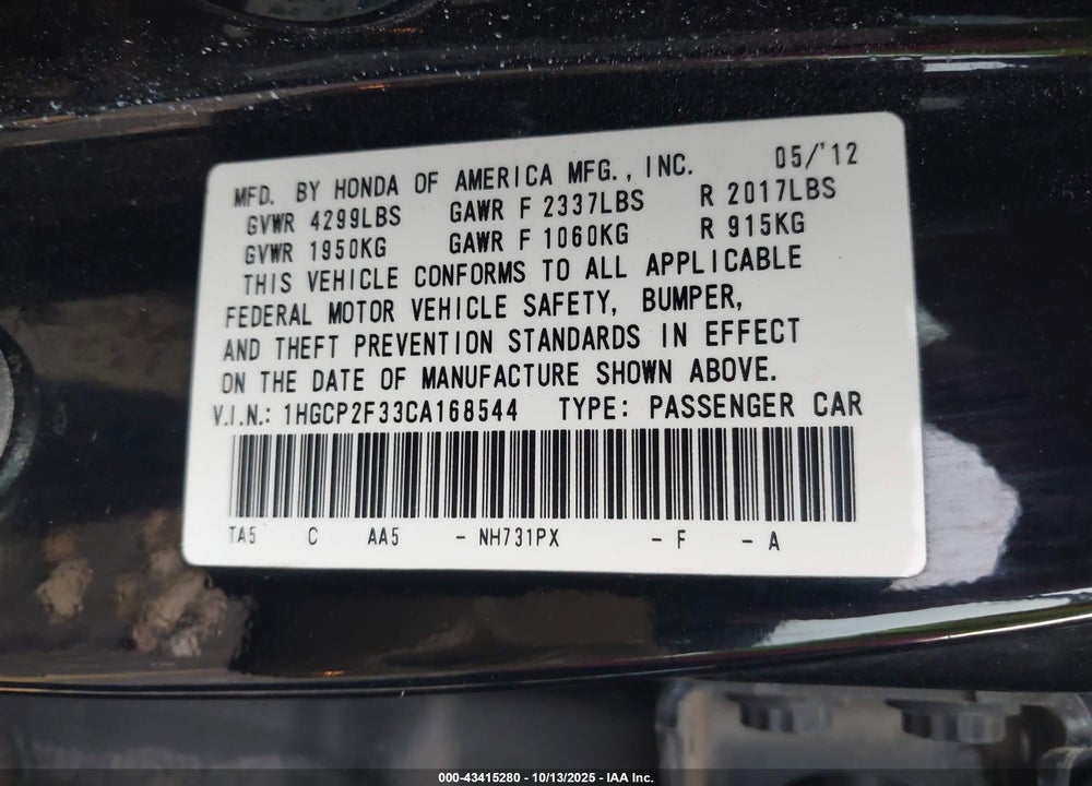 2012 HONDA ACCORD 2.4 LX VIN: 1HGCP2F33CA168544
