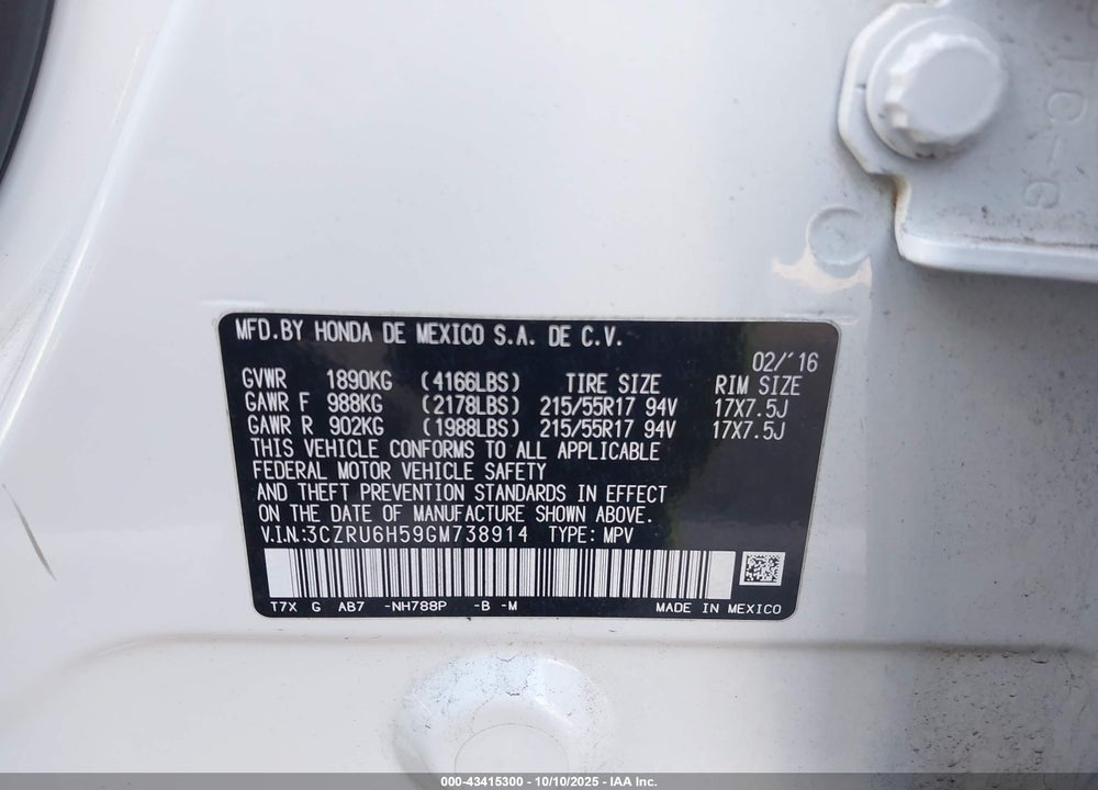 2016 HONDA HR-V VIN: 3CZRU6H59GM738914