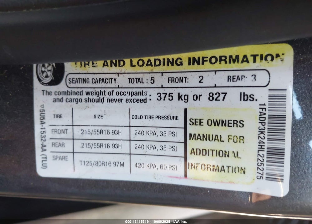 2017 FORD FOCUS SE VIN: 1FADP3K24HL225275