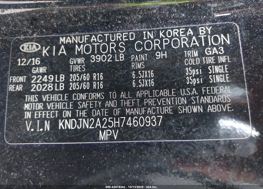 2017 KIA SOUL VIN: KNDJN2A25H7460937