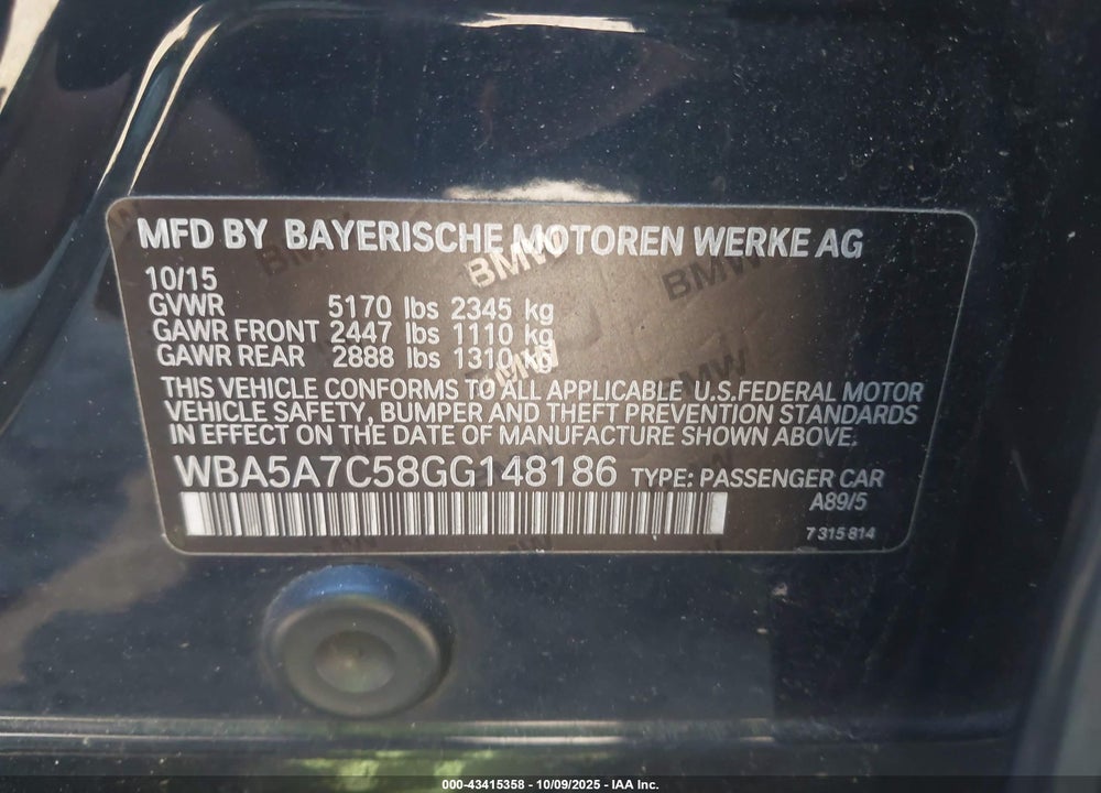 2016 BMW 5 SERIES VIN: WBA5A7C58GG148186