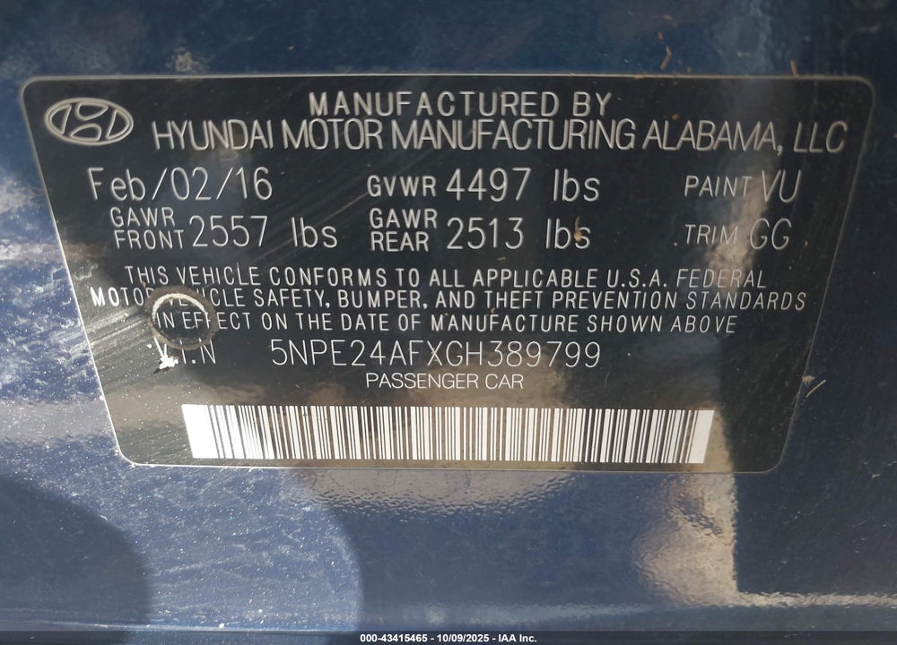 2016 HYUNDAI SONATA SE VIN: 5NPE24AFXGH389799