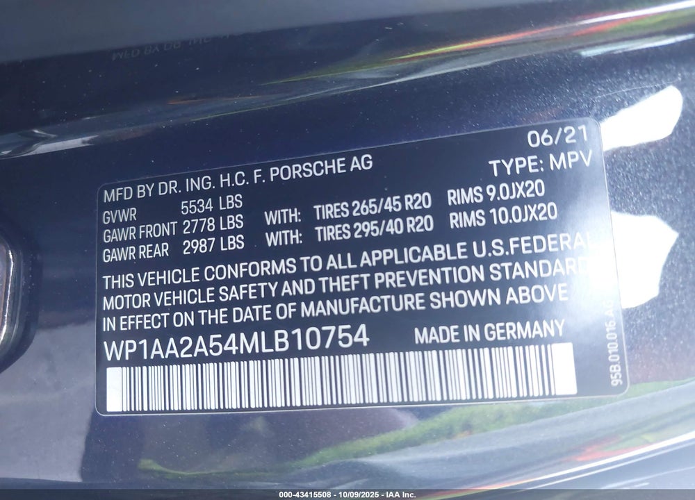 2021 PORSCHE MACAN VIN: WP1AA2A54MLB10754