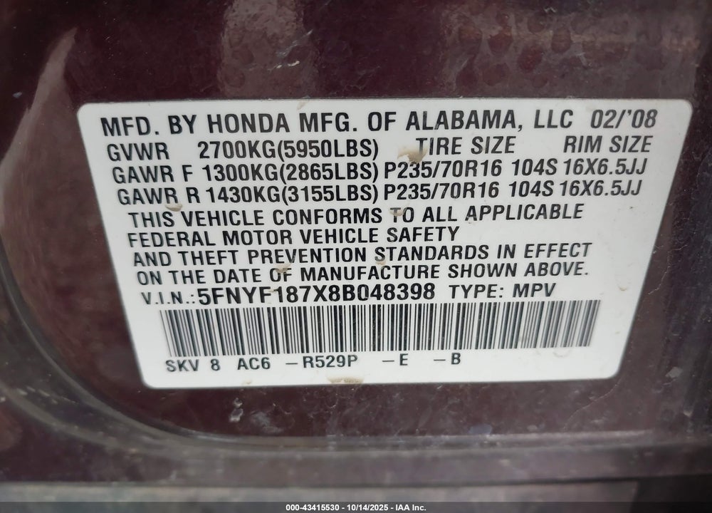 2008 HONDA PILOT EX-L VIN: 5FNYF187X8B048398