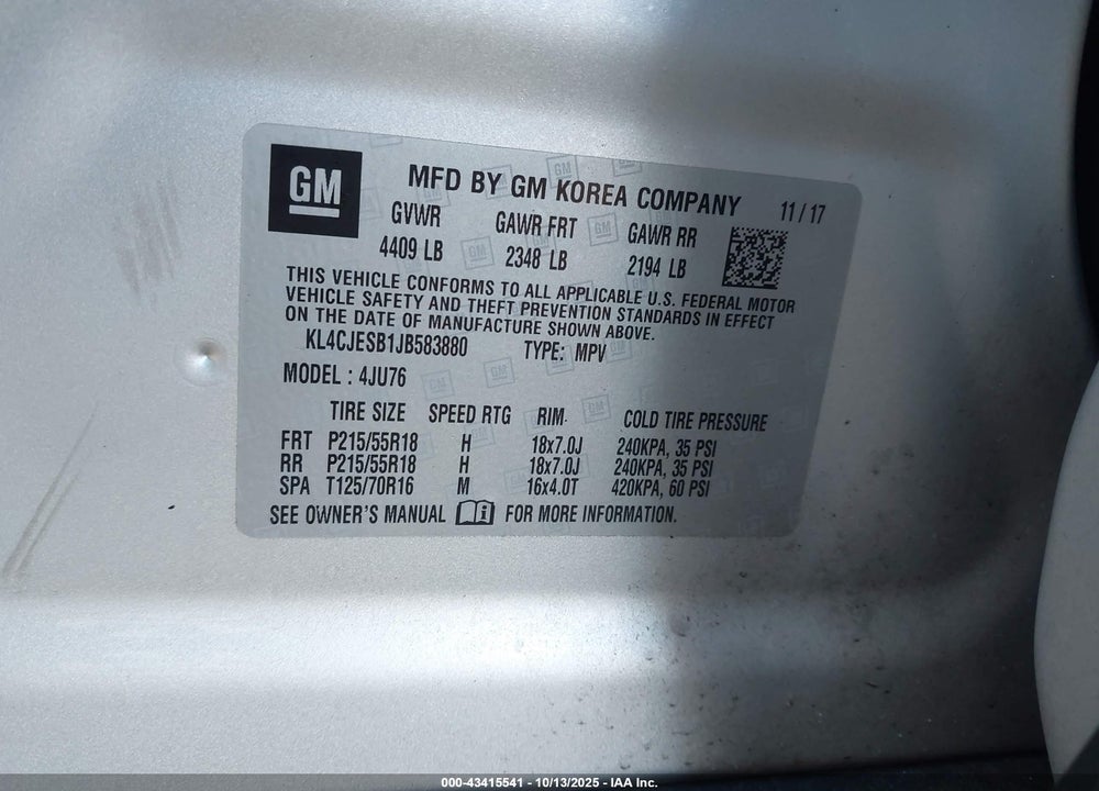 2018 BUICK ENCORE PREFERRED VIN: KL4CJESB1JB583880