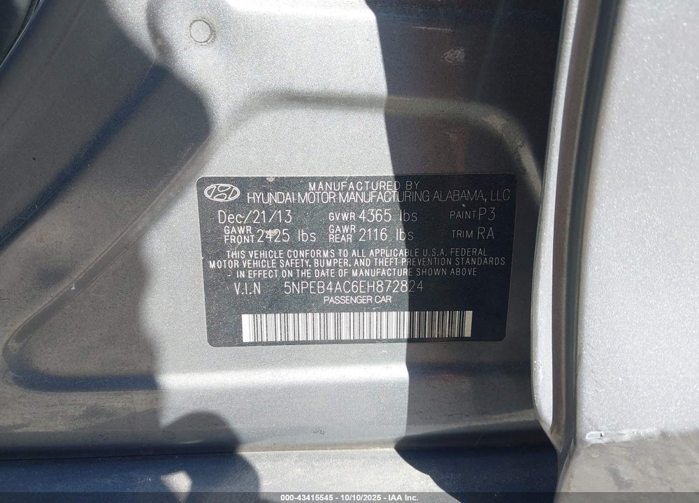 2014 HYUNDAI SONATA VIN: 5NPEB4AC6EH872824