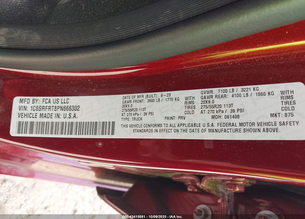 2023 RAM 1500 VIN: 1C6SRFRT8PN666302