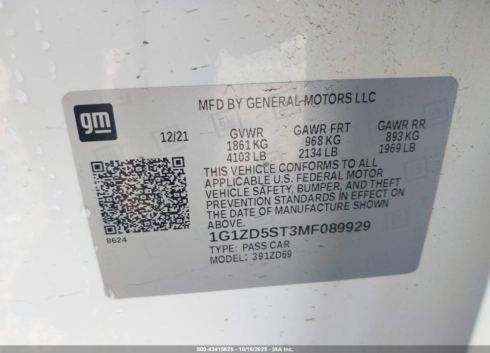 2021 CHEVROLET MALIBU FWD LT VIN: 1G1ZD5ST3MF089929
