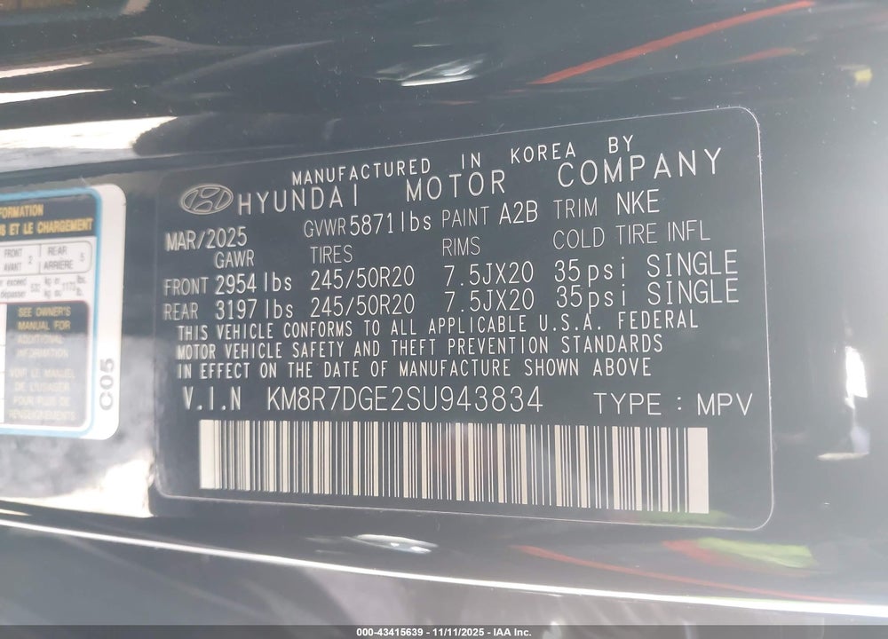 2025 HYUNDAI PALISADE CALLIGRAPHY NIGHT EDITION VIN: KM8R7DGE2SU943834