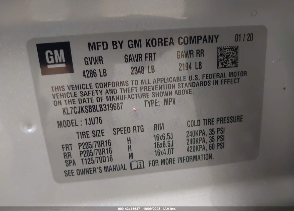 2020 CHEVROLET TRAX FWD LS VIN: KL7CJKSB8LB319687