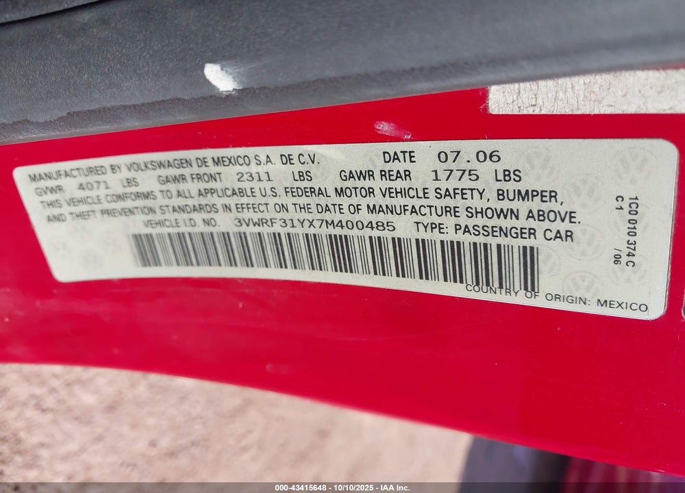 2007 VOLKSWAGEN BEETLE VIN: 3VWRF31YX7M400485