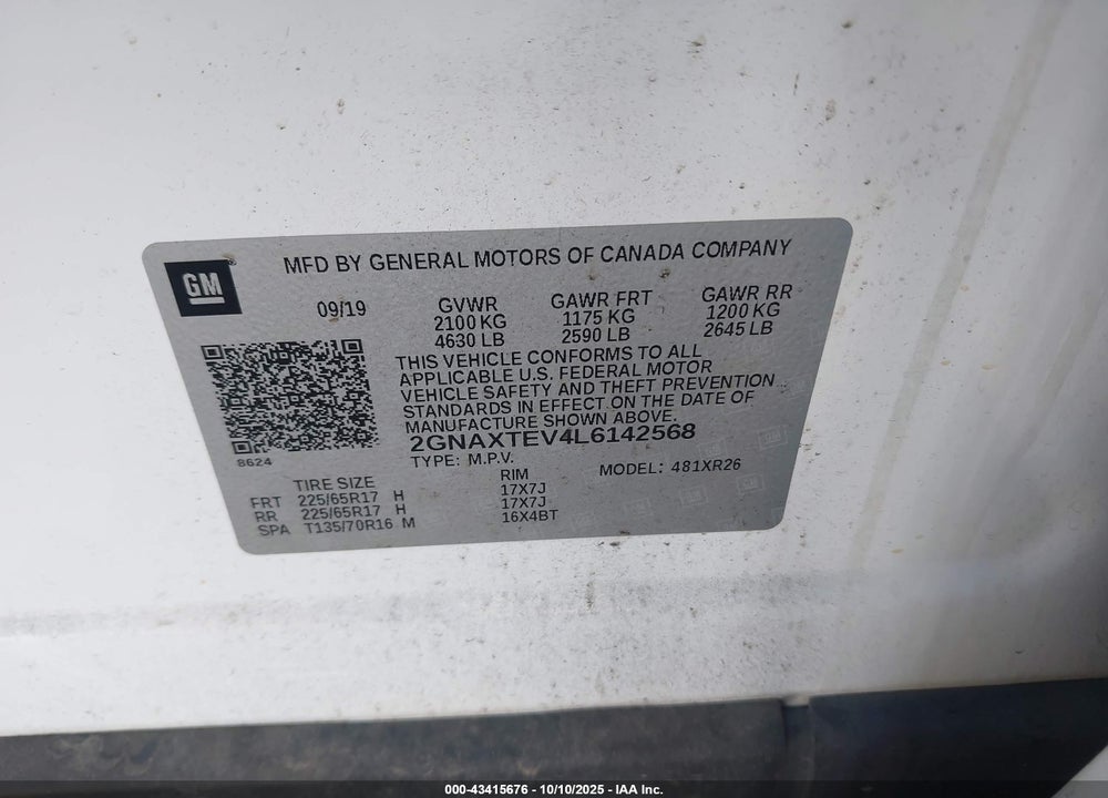 2020 CHEVROLET EQUINOX AWD 2FL VIN: 2GNAXTEV4L6142568