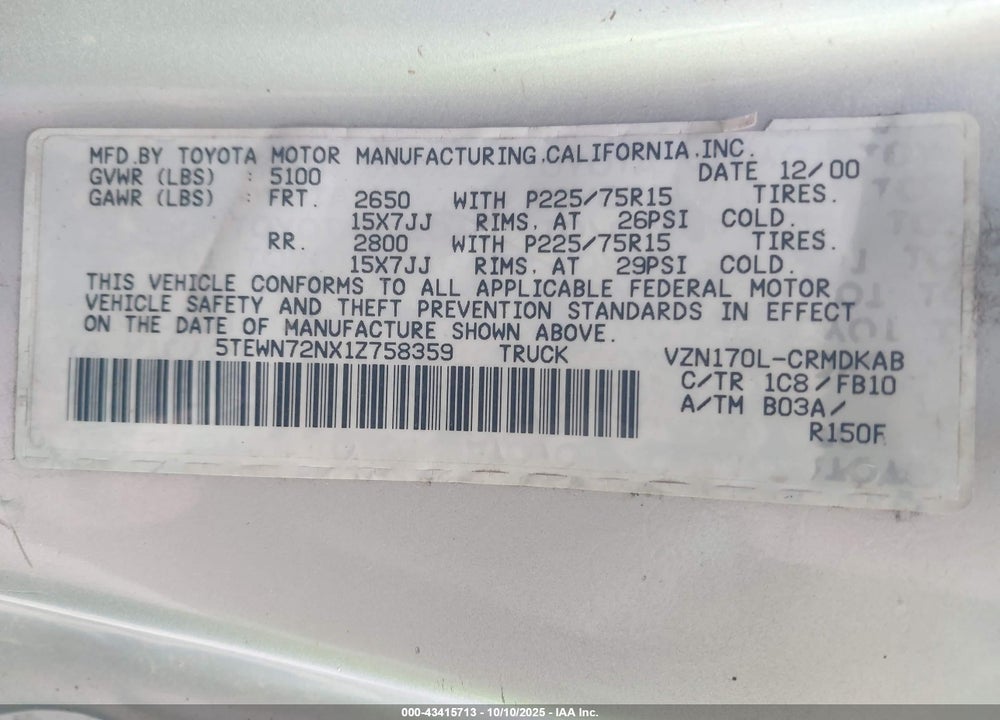 2001 TOYOTA TACOMA BASE V6 VIN: 5TEWN72NX1Z758359