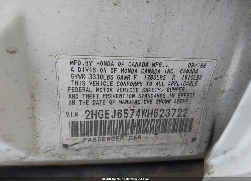 1998 HONDA CIVIC LX VIN: 2HGEJ6574WH623722