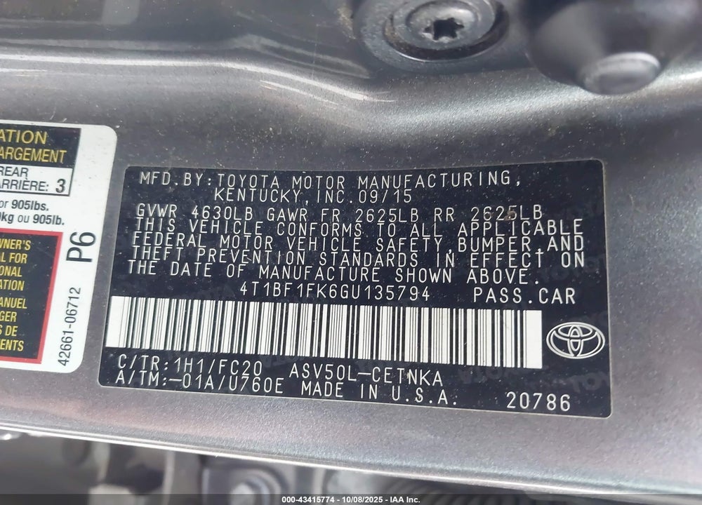 2016 TOYOTA CAMRY VIN: 4T1BF1FK6GU135794